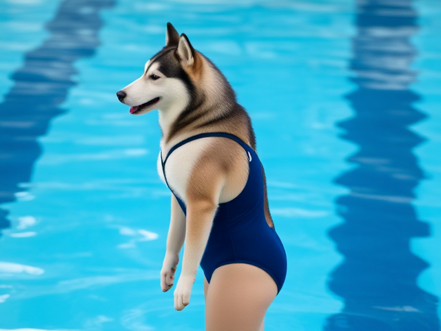 A ((anthropomorphic)) Siberian husky Olympic swimmer wearing a one piece swimsuit standing on the pool deck