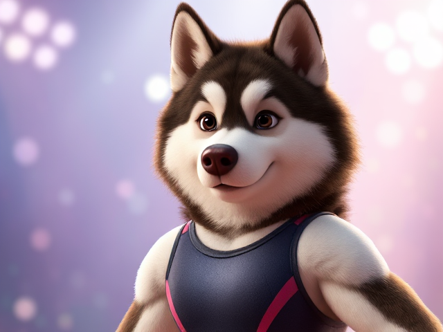 A Alaskan malamute Olympic gymnast with broad shoulders wearing a leotard