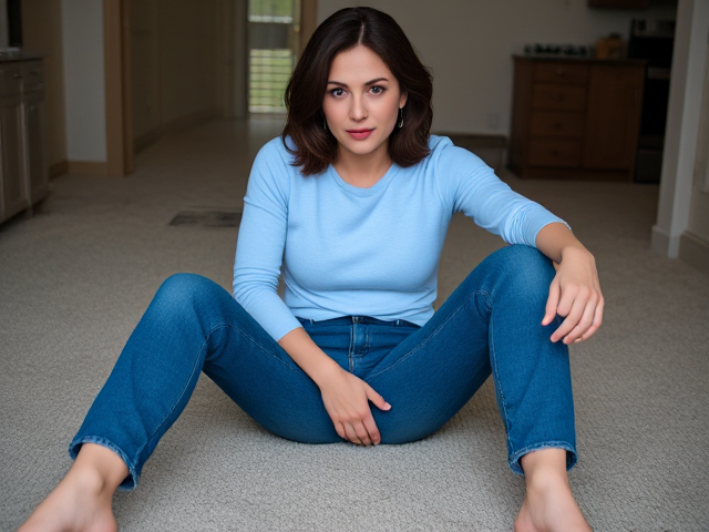 Brunette actress wearing a light blue long sleeve t shirt and blue jeans found on her knees