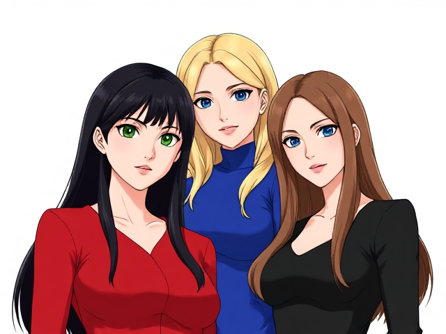 Three women standing closely together. The first woman has long black hair, green eyes, and is wearing a red outfit. The second woman has blonde hair, blue eyes, and is wearing a blue outfit. The third woman has long brown hair, silver eyes, and is wearing a black outfit. Sun