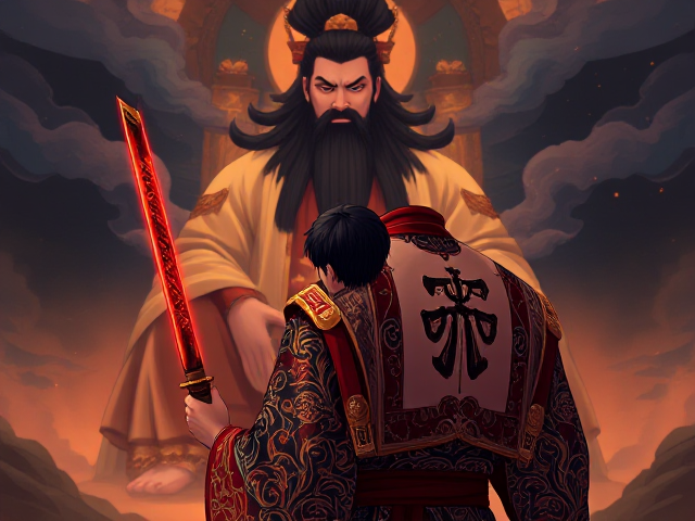 A man with short black hair holds a magical glowing red and black Chinese-style straight short katana in his right hand. He wears intricately designed traditional Chinese mythology clothing, featuring elaborate patterns and vibrant colors. A distinct black tattoo of a Chinese symbol is on the back left side of his neck. He stands facing away, gazing at the towering figure of Shangdi, the supreme god with long flowing black hair and a thick long black beard, who sits cross-legged before him. The scene is illustrated in a detailed and vibrant anime style with dynamic lighting and vivid contrasts.
