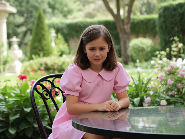 A luxurious private garden, a crying 14 yearold skinny sissy is sitting at a table wearing a very pretty pink Peter Pan collar dress. Short puffy sleves. Skinny legs.