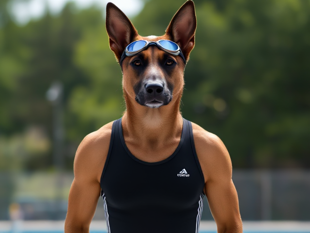 A anthropomorphic Belgian malinois with a long torso and broad shoulders wearing a Adidas one piece swimsuit and swimming goggles