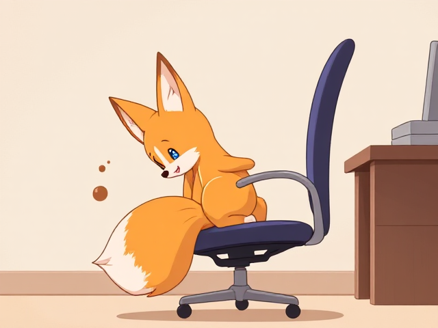 A very adorable illustration of a small two-tailed fox named Tails, struggling to climb onto an office chair due to his tiny size, with a little brown fart cloud emitting from his butt