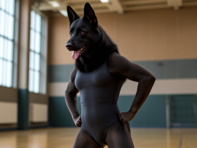 Anthropomorphic black German shepherd wearing a gymnastics leotard, posing with emphasis on its hips in a gymnasium setting, detailed and vibrant colors