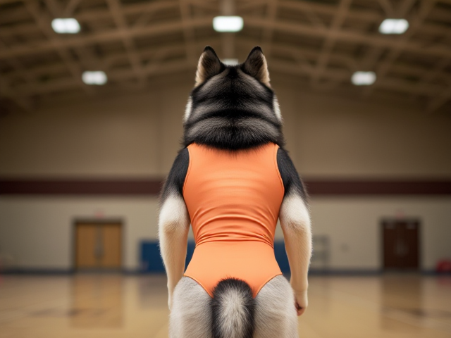 An Alaskan malamute wearing a gymnastics leotard in a gymnasium