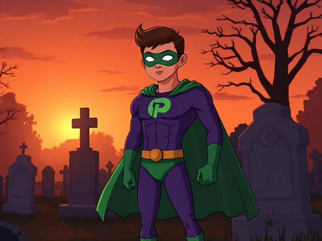 Dramatic Cartoon scene: A young, Autistic 25-year old boy with light skin and flat, smooth, and slick brown hair with a singular curled bang in the shape of a P sticking out at the front named T.J. Granger, but transformed into a genetically-altered superhero named Powerman, who, despite still being a young adult kid, has an extremely muscular body. He wears a sleek purple bodysuit with a green P symbol on his chest, a golden belt with a circular buckle, green briefs, green boots, green long-cuffed gloves, a really big, toe-length long, ultra-wide green cape wreathed around his neck, and a green eye mask that protects his true identity and also causes his pupils to magically disappear as his eyes glow an eerie white. He also has incredible and invincible superpowers flowing through his veins. In this scene, Powerman is currently standing in a graveyard at sunset, visiting the grave of his deceased grandmother, paying his respects while he wishes she could have seen the superhero he has become.