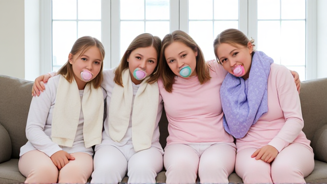 Quatres filles adolescentes assise dans un canapé avec des grandes serviette en papier autour du cou de différentes couleurs et des tétines en bouche de différentes couleurs elles ont les cheveux lisses et dégagé à l’avant elles sont en pyjamas simple et il y a une grande fenêtre derrière et elles se font un gros câlin
