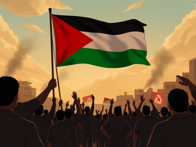 the Palestine Flag being waved by the people of Palestine surviving the attacks they are under. Animated in the style of telltale the walking dead