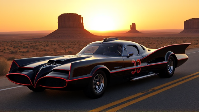 A bold and aggressive 1964's inspired Batmobile blending American muscle car heritage with futuristic elements. Wide stance, flared wheel arches, and a massive V8 engine with chrome details. The body is painted in metallic black with white racing stripes, paying homage to classic American cars. Background is a desert road with Monument Valley in the distance under a golden sunrise. Photorealistic rendering, 16K resolution., photo, cinematic, illustration
