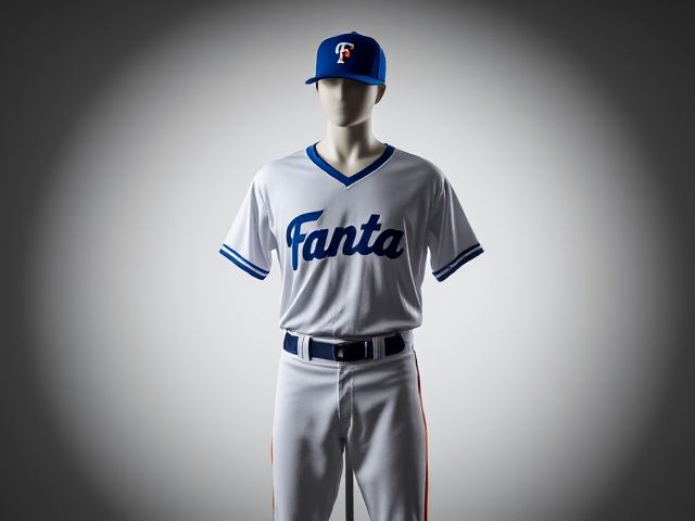 A blue baseball hat with fanta logo with a white v neck athletic shirt with fanta logo with white baseball pants with blue and orange piping down the sides with orange socks blue baseball cleats displayed on a mannequin