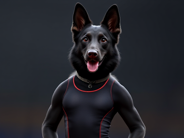 A anthropomorphic black German shepherd Olympic gymnast wearing a leotard