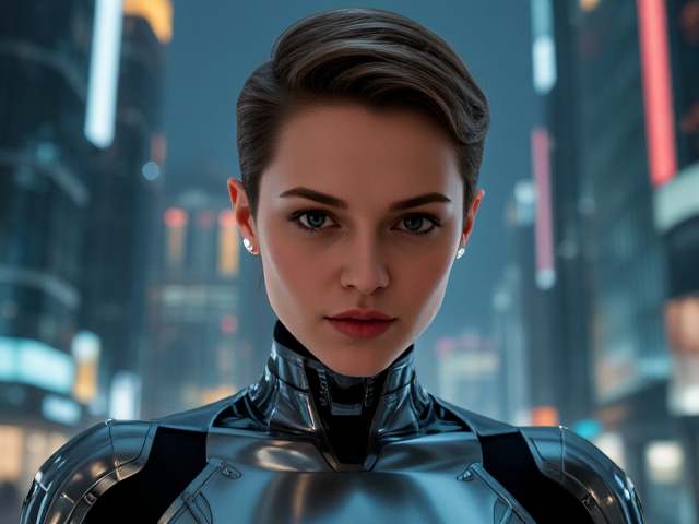 Mackenzie Davis as a futuristic, sleek fembot with metallic features and glowing accents, set against a sci-fi city background