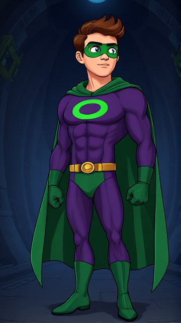 Modern Cartoon scene: A young, Autistic 25-year old boy with light skin and flat, smooth, and slick brown hair named T.J. Granger, but transformed into a genetically-altered superhero named Powerman, who, despite still being a young adult kid, has an extremely muscular body. He wears a sleek purple suit with a green P symbol on his chest, a gold belt with a circular buckle, green briefs, green boots, green long-cuffed gloves, a really big, toe-length long, ultra-wide green cape wreathed around his neck, and a green eye mask that protects his true identity. He also has incredible and invincible superpowers flowing through his veins. In this scene, Powerman is currently standing in his secret high-tech underground lair, awaiting a call on the supercomputer from his masters about his next mission.