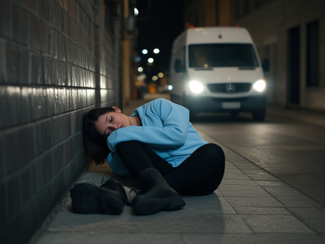 Brunette thin wearing a light blue sweatshirt and black pants and boots asleep late at night on the sidewalk of  an alleyway. A van in the background driving slowly by