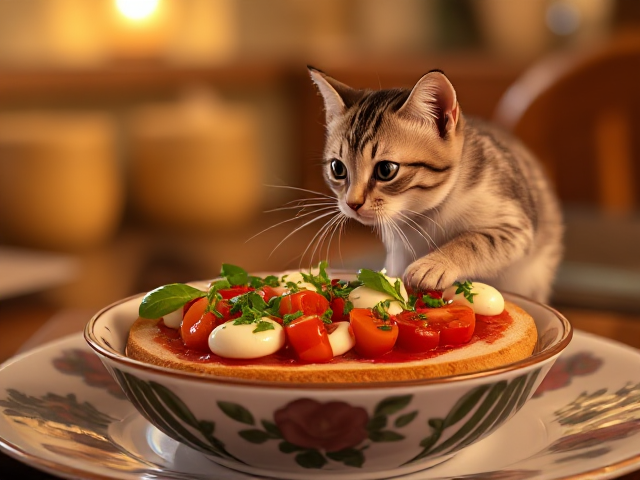 Una bruschetta pomodorro e mozzarella, dans une assiette en céramique florale et colorée. Lieu : terasse en Sicile. Des aiguilles à tricoter et une pelote de laine. Un chaton joue avec la pelote de laine.