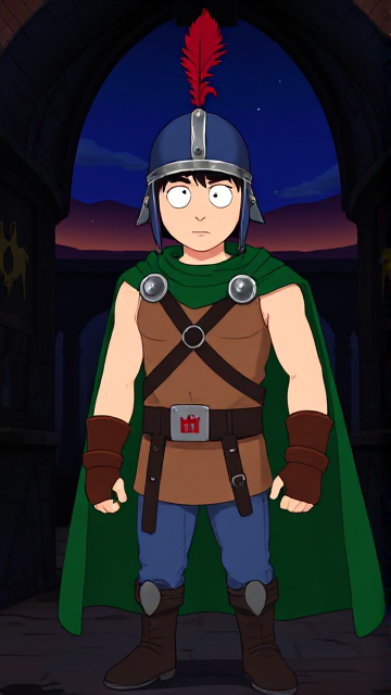 Dramatic Cartoon scene: Stan Marsh from South Park, light skin and black hair, but as a 14-Year Old teenager with a muscular torso, dressed as a medieval warrior, wearing a light brown tank top, a black belt with a silver square buckle adorned with a red castle emblem, blue jeans, steel armored boots, jeweled wrist cuffs, a really big, heel-length long, ultra-wide green cape held up by two silver buttons with red jewels with a strong unbreakable wire connecting them both, and a blue helmet with buffalo emblems on both sides, outlined by silver steel rims going around and across the top, with a really long red feather sticking out at the top. He is now known as Sir Marsh. Despite still being a teenage kid, he is the Youngest Commander of the Zaronian Army, and one of the youngest and greatest heroes hailing from South Park, Colorado, but now reborn as the real life Kingdom of Kupa Keep, Zaron. The young teenage hero is currently standing in a dark, abandoned tavern, intently awaiting the arrival of someone he knows.