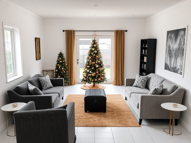a small enclosed living room, absolutely no windows, just white walls on both sides, only one white double french door facing me with space on both sides of the door, french doors lead to backyard, white tiles, 3 sitting furniture (2 charcoal grey furniture, and 1 really high back light gray love seat with rhinestones that seats two persons), tan area rug and 3x5ft black bookshelf, absolutely no furniture in front of the french doors, two white round end tables with black metal legs, one 2x5 ft tan book shelf, living room is decorated for christmas with ONE big black and gold christmas tree and gold and white ombre curtains on the french doors, black trunk in the center of the rug, one tan 2x5ft bookshelf