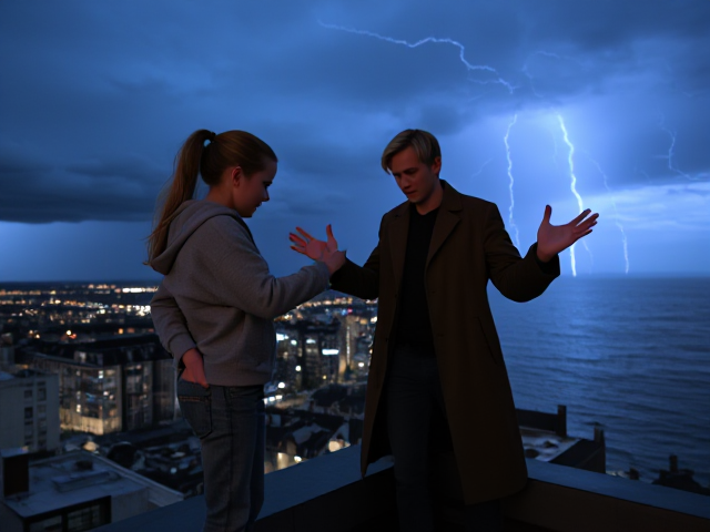A petite 13-year-old girl with strawberry blonde hair in a ponytail, wearing a hooded pullover and jeans, is standing on the roof ledge of a night club. Next to her on the roof, standing nearby is a modern-day, pale skinned vampire in his late twenties, with blonde hair, dressed in a brown trench coat and jeans. He appears uneasy as he looks at her, holding his hands out and taking a step back. The girl gestures angrily at him, flailing her arms and scowling at him in frustration. A thunderstorm approaches the cityscape from the sea shore. Set at night.