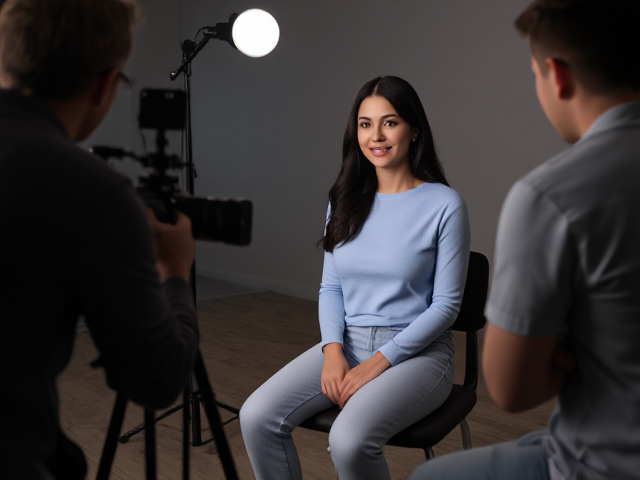 Brunette with dark hair wearing a light blue long sleeve t shirt and light blue jeans sitting on a chair while two men record ransom