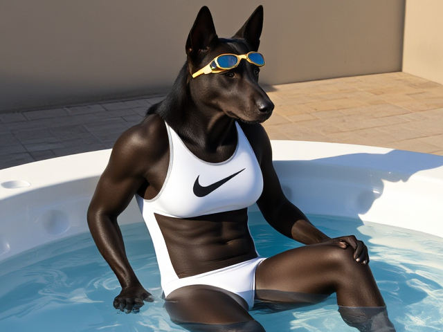 A tall and lean anthropomorphic black German shepherd with a long torso and broad shoulders wearing a white high cut Nike one piece swimsuit and swimming goggles while sitting in a hot tub