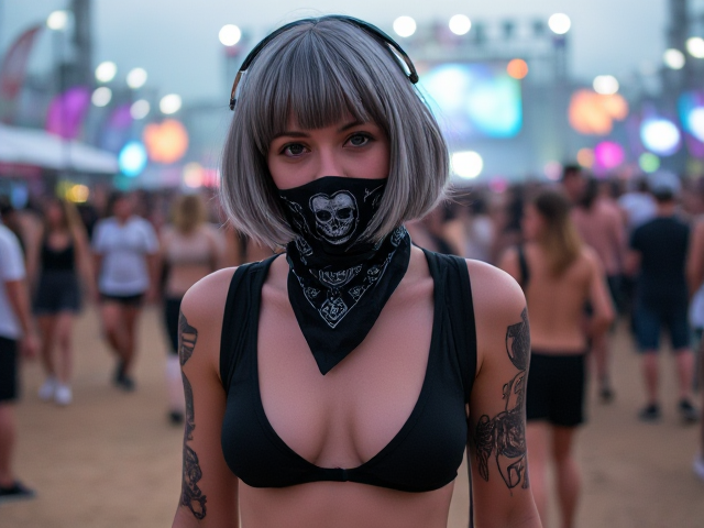 Young Goth Babe, nymph, 25 years, grey short hair with bangs, skull bandana on mouth, neon rave outfit, neck to belly tattoos, cigarette in hand, metallic headphones, minimalist setup, walking away, crowded rave ground in background,4K, hyperrealistic
