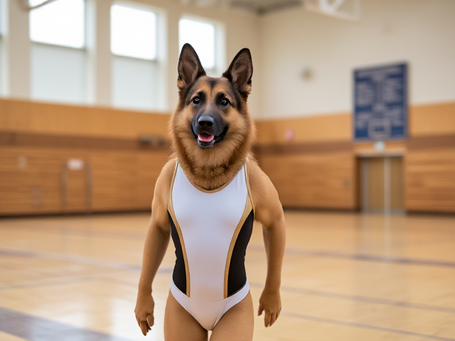 A anthropomorphic German shepherd wearing a gymnastics leotard in a gymnasium
