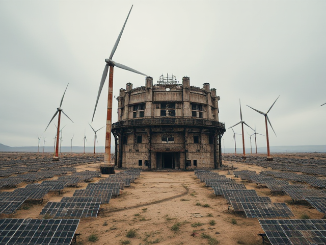 Une centrale éolienne massive abandonnée dans un paysage désertique, les pales immobiles et rouillées, sous un ciel gris et morne. Les panneaux solaires délabrés entourent la zone, couverts de poussière et d'oubli. Style hyperréaliste avec des détails saisissants montrant l'usure du temps sur les infrastructures. Lumière terne et diffuse, capturée à partir d'une vue aérienne pour englober l'ensemble du site avec une perspective large et panoramique