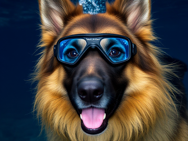 Anthropomorphic German shepherd with long hair, wearing freediving goggles, face tinted blue from holding breath too long, underwater setting, detailed fur and expression