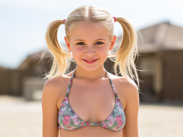 Young blonde girl with pigtails in a bikini