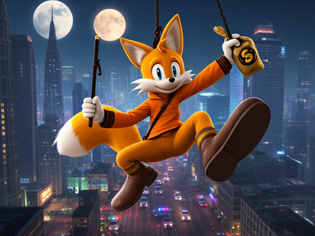Miles "Tails" Prower, the two-tailed anthropomorphic fox, dynamically swinging on a rope in a massive neon-lit cityscape at night under a full moon. Tails grips an intricately designed cane with a gold hook at the tip in one hand and a bag of cash spilling coins from the other. He is wearing a sleek black domino thief mask to hide his identity, an orange long-sleeved shirt adorned with subtle patterns, matching high-tech orange boots, and a brown leather belt featuring his iconic logo as the belt buckle and no pants. Down on the streets below are numerous cop cars trying to chase and capture Tails. The background showcases towering skyscrapers and bustling streets filled with vibrant activity below