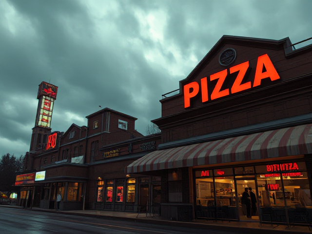 A  big bowling alley next to a large pizza restaurant
