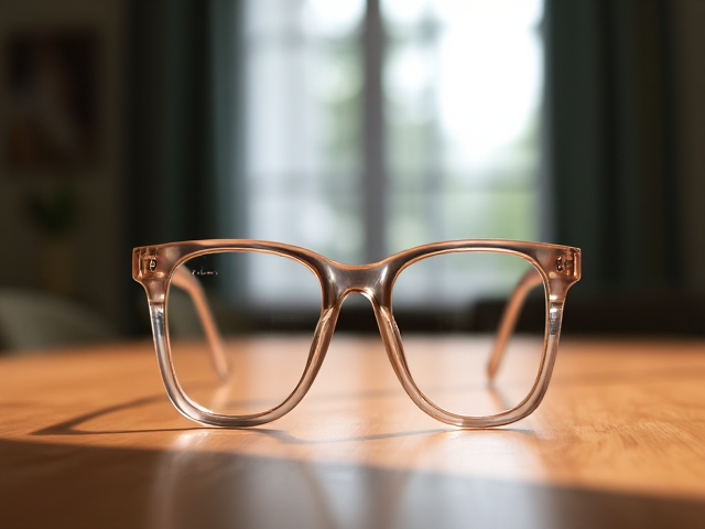 Square shaped, translucent thin framed glasses, sitting on a table