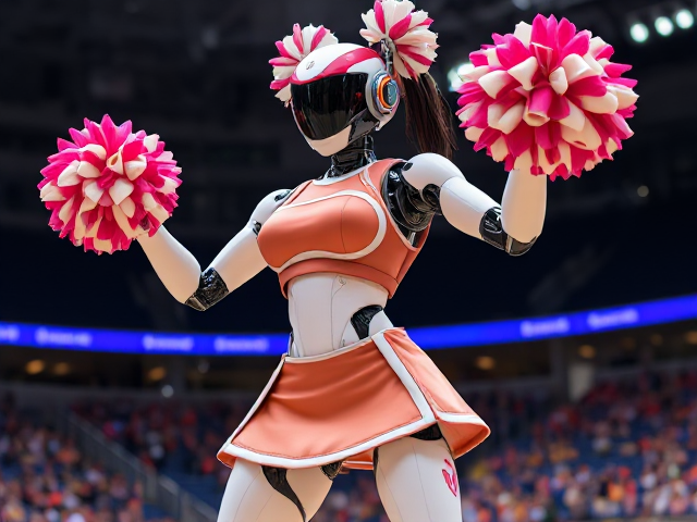 Futuristic female robot dressed as a cheerleader, performing a dynamic cheer routine in a stadium, vibrant colors, detailed mechanical features
