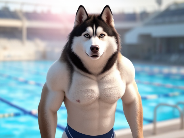A tall Alaskan malamute Olympic swimmer with broad shoulders wearing a swimsuit, standing on a pool deck