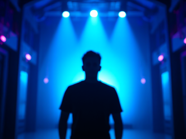 Create a vibrant and dynamic indoor background with a blend of cool blue and purple tones. The scene should have a subtle gradient transitioning from darker shades at the edges to a brighter glow at the center, emphasizing the spotlight effect behind the person. Add soft bokeh lights and faint geometric shapes for depth, giving the impression of a futuristic or motivational environment. Include faint streaks of light to enhance the energy of the background, ensuring it remains slightly blurred to keep the focus on the foreground elements.