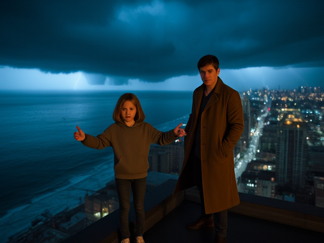 A petite 12-year-old girl with strawberry blonde hair, wearing a hooded pullover and jeans, is standing on the roof ledge of a night club. Next to her on the roof, standing nearby is a modern-day, pale skinned vampire in his late twenties, with blonde hair, dressed in a brown trench coat and jeans. He appears uneasy as he looks at her. The girl gestures angrily at him, flailing her arms outwards and scowling at him. A thunderstorm approaches the cityscape from the sea shore. Set at night.