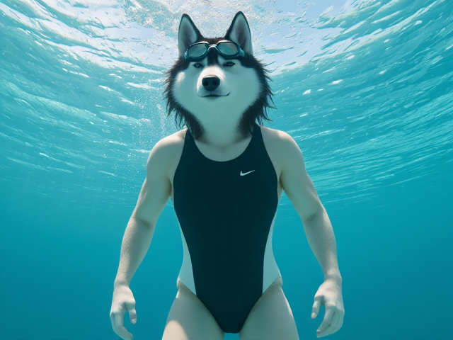 A tall anthropomorphic Siberian husky with a long torso and broad shoulders wearing a high cut Nike one piece swimsuit and Freediving goggles underwater