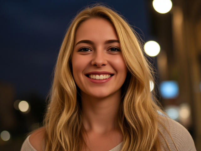 A tall blonde woman smiling at night