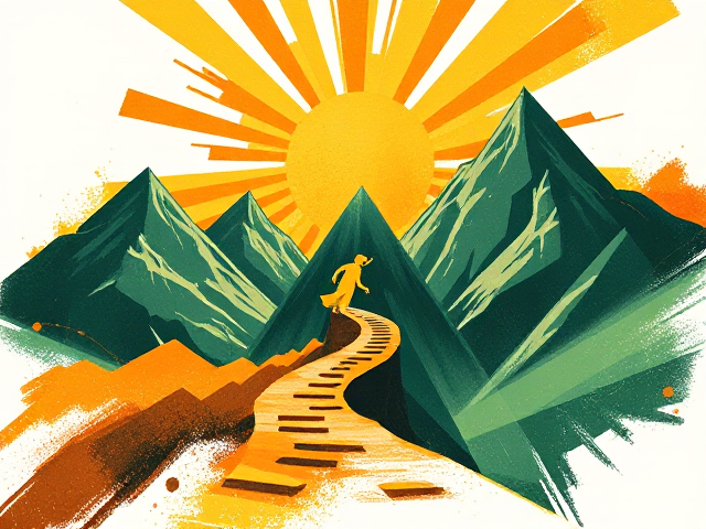 Create a dynamic and powerful visual representation. The design should embody strength and growth, featuring elements such as a rising sun, rugged mountains, or ascending paths. Use bold, energizing colors like orange, yellow, and green to evoke a sense of vitality. Incorporate abstract shapes and textures that suggest movement and progress. The overall composition should convey a sense of upward momentum, appealing to viewers seeking inspiration and empowerment.