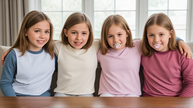Quatre filles adolescentes aux cheveux lisses et dégagé et de différentes couleurs a l'avant assis à table avec des  grands Bavoirs simple de différentes couleurs  et des tétines en bouches elles sont en tee-shirts manches longues de différentes couleurs que les Bavoirs et ont des et elles se font un gros câlin et il y a une grande fenêtre derrière le canapé