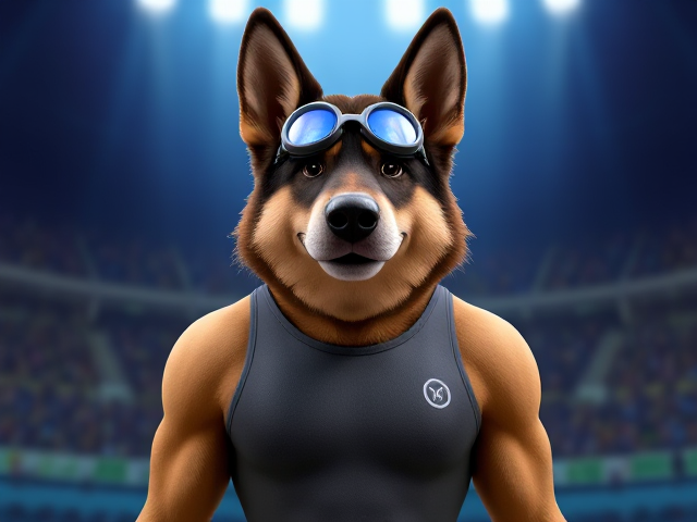 A tall anthropomorphic German shepherd Olympic swimmer with a long torso and broad shoulders wearing a racing swimsuit and goggles