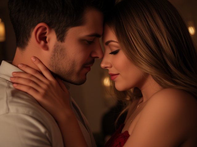 intimate, romantic couple embracing, soft lighting, warm colors, passionate gaze