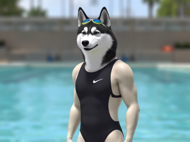 A tall anthropomorphic Siberian husky with a long torso and broad shoulders wearing a high cut Nike one piece swimsuit and swimming goggles