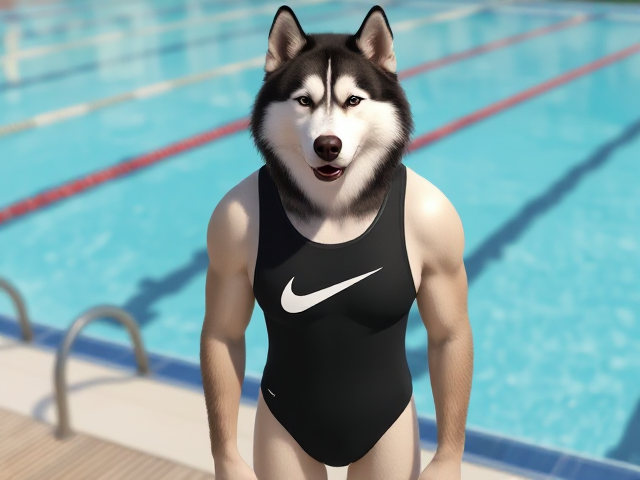 A anthropomorphic Alaskan malamute wearing a Nike one piece swimsuit while standing next to a Olympic sized swimming pool