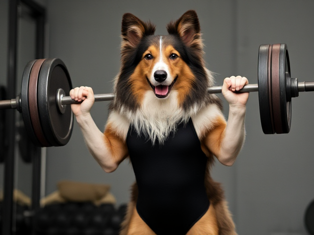Rough collie wearing a leotard lifting a barbell