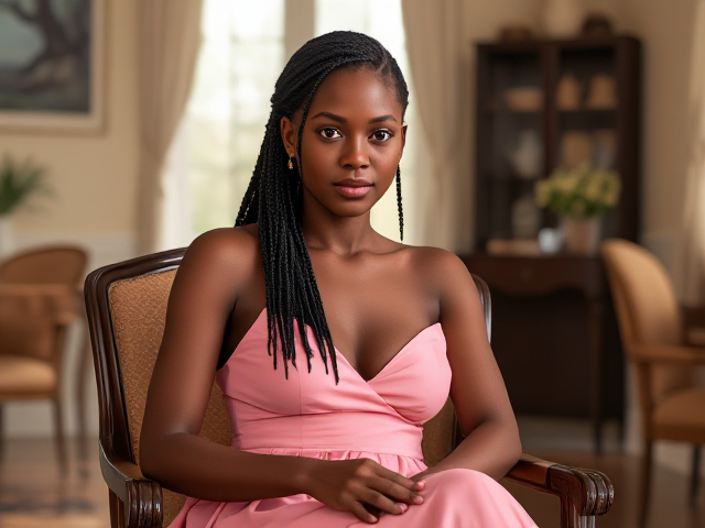 jeune femme noire de 19 ans avec des tresses, portant une élégante robe rose, assise gracieusement sur une chaise dans un environnement lumineux et détaillé