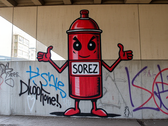 Un graffiti mural sous un pont ou dans un terrain vague, sur un mur en béton tagué. Le personnage central est une bombe de peinture anthropomorphe rouge avec un chapeau de capuchon, nommé “SOREZ”. Il a des bras en bombes, un corps cylindrique avec une étiquette rouge marquée “DANGER” et “SOREZ”, des traits noirs épais, un style fait à la main avec imperfections visibles (coulures, contours tremblants, débordements). En fond, des buildings ou un décor urbain. Ajoute des tags autour, comme si c’était dans un vrai spot de graff.