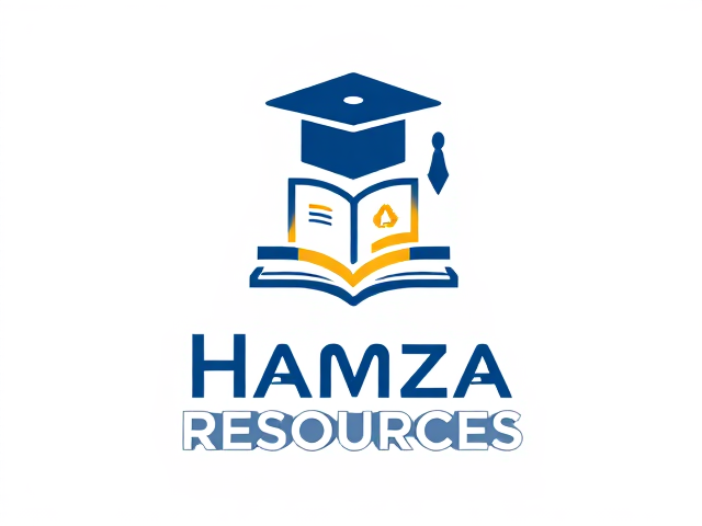 Minimalistic and professional logo for a premium resources business named 'Hamza Resources Official.' Features a graduation cap, book, and download arrow. Blue and gold color scheme. Clean modern font with a simple abstract background.