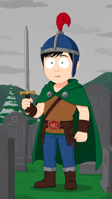 Dramatic Cartoon scene: Stan Marsh from South Park, light skin and black hair, but as a 14-Year Old teenager with a muscular torso, dressed as a medieval warrior, wearing a light brown tank top, a black belt with a red buckle adorned with a castle emblem with brown pouches and the scabbard for his enchanted sword attached to it, blue jeans, steel armored boots, jeweled wrist cuffs, a really big, heel-length long, ultra-wide green cape held up by two silver buttons with red jewels with a strong unbreakable wire connecting them both, and a blue helmet with buffalo emblems on both sides, outlined by silver steel rims going around and across the top, with a really long red feather sticking out at the top. He is now known as Sir Marsh. Despite still being a teenage kid, he is the Youngest Commander of the Zaronian Army, and one of the youngest and greatest heroes hailing from South Park, Colorado, but now reborn as the real life Kingdom of Kupa Keep, Zaron. The young teenage hero is currently standing in a graveyard, visiting the grave of his deceased grandfather, paying his respects while he wishes he could have seen the amazing hero he has become.